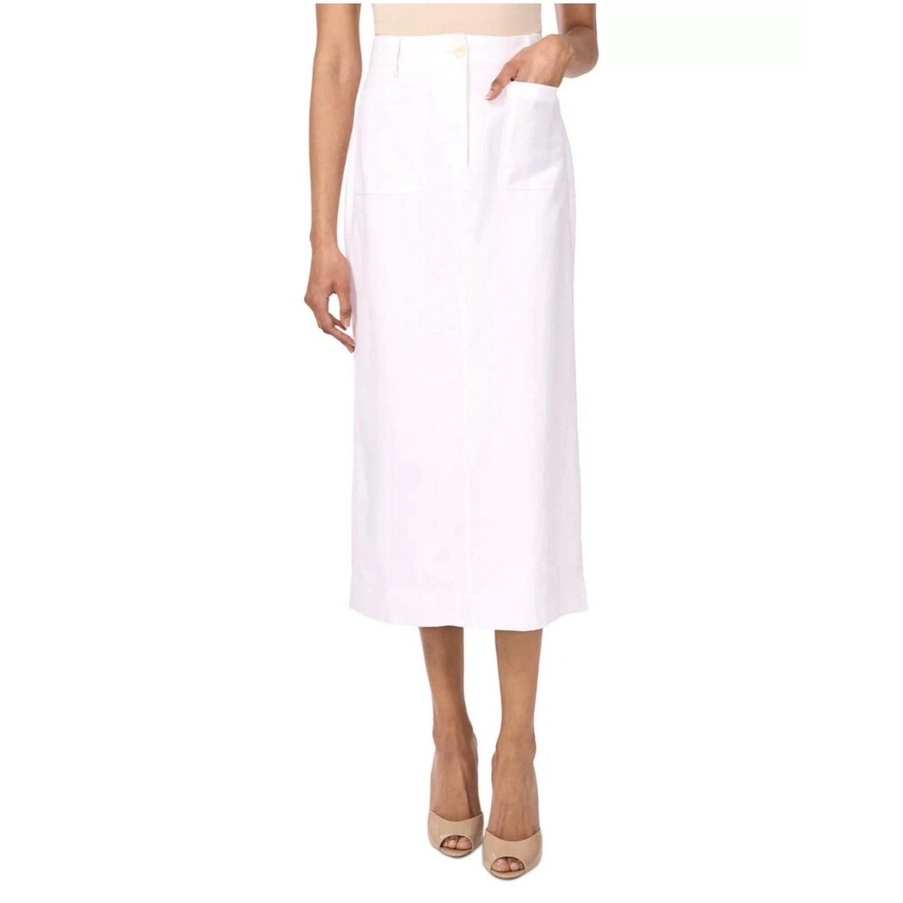 Vince Camuto Women's Linen Patch-Pocket Pencil Midi Skirt  Ivory Beige Size 10